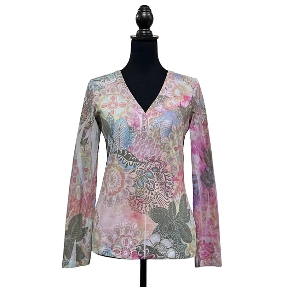 Vintage 90s Amore Couture Sheer Floral Mesh Henley Top Fairycore Y2K Boho Size L